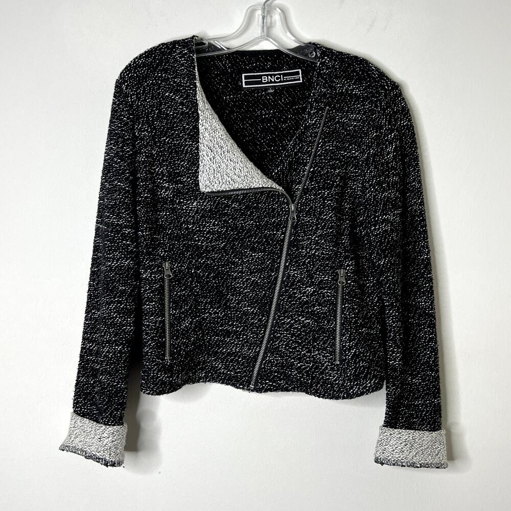 BNCI by Blanc Noir Long Sleeve Moto Style Sweater Jacket Black Cream Women Large
